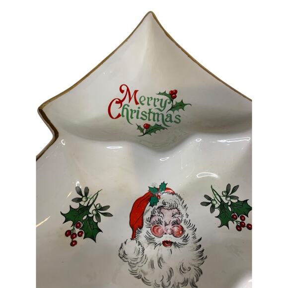 Vintage MCM Holiday Christmas Candy Nut Dish Santa Gold Trim 14 Inch - Picture 5 of 9